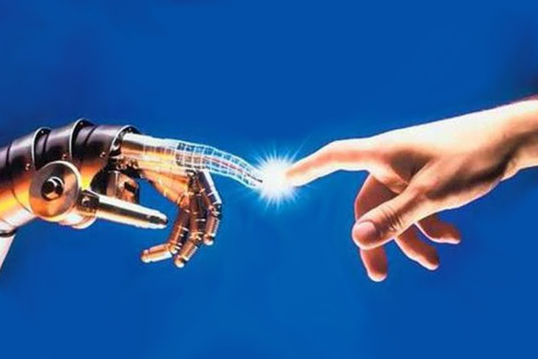 Futuristic photo from 1970s of robot and human hand touching